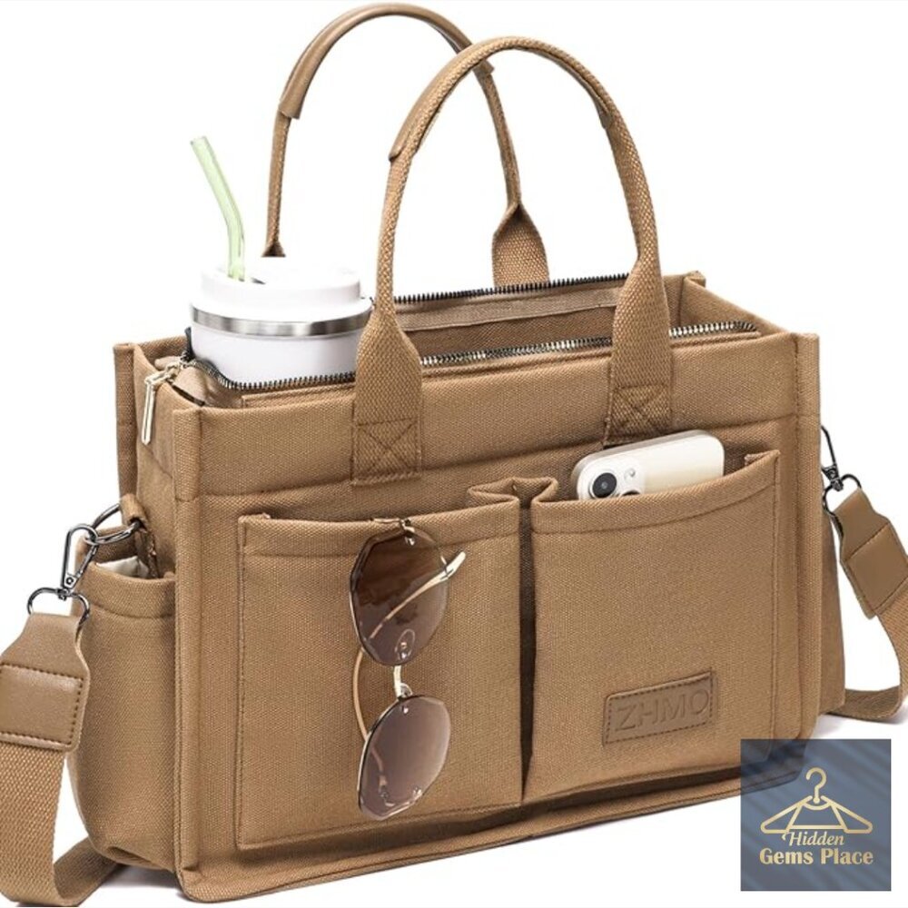 Large Canvas Tote Bag with Laptop Compartment, Crossbody Strap, Travel Work